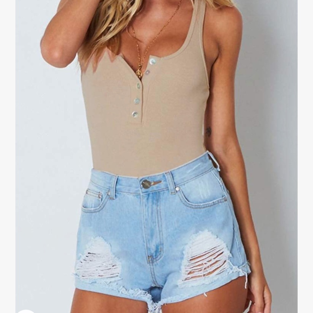Scoop neck racerback tank button down bodysuit tan